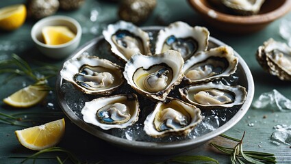 Fresh oysters served on a plate with lemon wedges and garnishes, showcasing a seafood delicacy.
