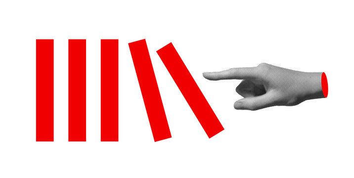 Hand pointing finger pushing red domino blocks. Abstract concept of chain reaction, cause and effect