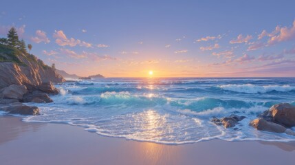 Fototapeta premium Serene Pastel Sunset Beach Ocean Waves Rocks Calm Sea Coastal Landscape