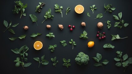 Various fresh herbs, fruits, and vegetables arranged on a dark background.
