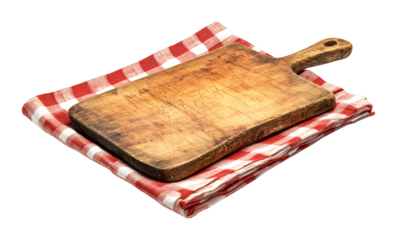 Chopping board and red checkered cloth kitchen food prep home environment top view isolated on transparent background