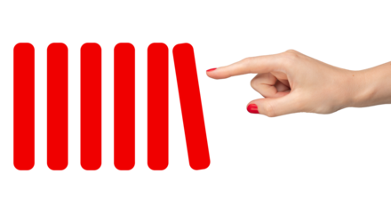 Hand pushing red domino blocks symbolizing economic crisis and market collapse. Concept of financial