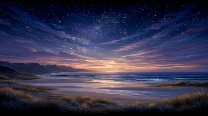 Obraz premium Serene Night Sky Starry Beach Ocean Sunset Coastal Landscape