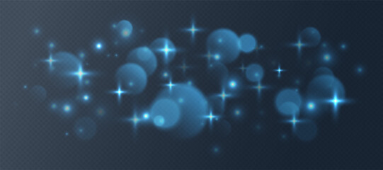 Fototapeta premium Blue bokeh with stars and sparkles, shiny overlay decoration isolated on dark background. Vector illustration.