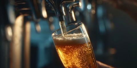Close-Up of a Man Filling a Glass of Beer at a Brewery Tap