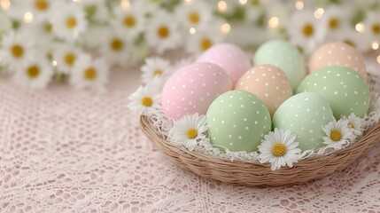 Obraz premium Pastel Easter Eggs in Basket with Daisies Spring Holiday Decoration