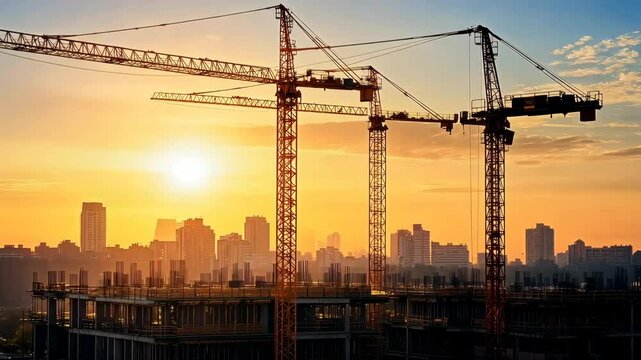 Aerial Construction cranes silhouetted against a vibrant sunset over a city skyline, representing urban development.
