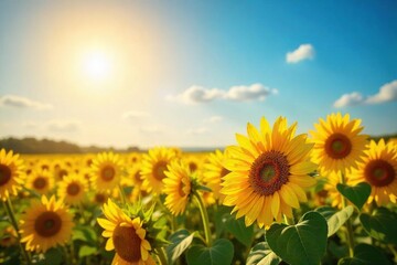 A vibrant sun shines on a field of blooming sunflowers, representing joy and the simple pleasures of nature Perfect for themes of optimism, well-being, and positive energy , sunny day, serenity, life