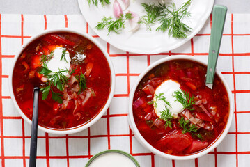 Ukrainian borscht with sour cream in bowls. top  view. .style hugge