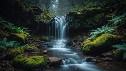 Lush green forest with a small waterfall flowing over moss-covered rocks in a serene natural setting.
