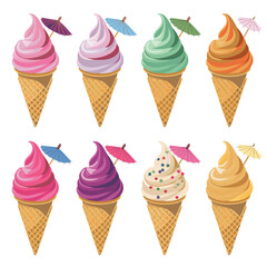 Eight colorful ice cream cones with umbrellas