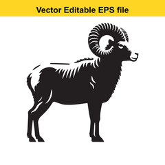 Majestic ram silhouette: A vector illustration of a ram in profile view, showcasing its impressive horns and muscular build.