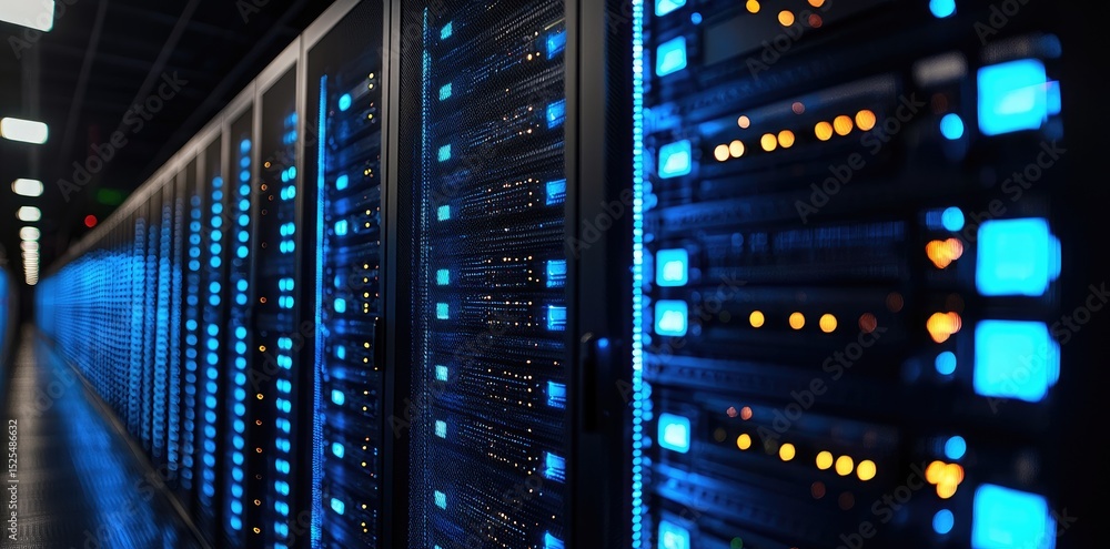 Aufkleber Illuminated server racks with blue and orange LED lights in a high-performance data center, showing modern digital infrastructure and secure network technology in a long corridor