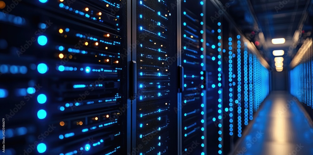 Fototapete Close-up of advanced server racks with glowing blue and amber lights in a high-security data center corridor, showcasing digital infrastructure and modern network technology