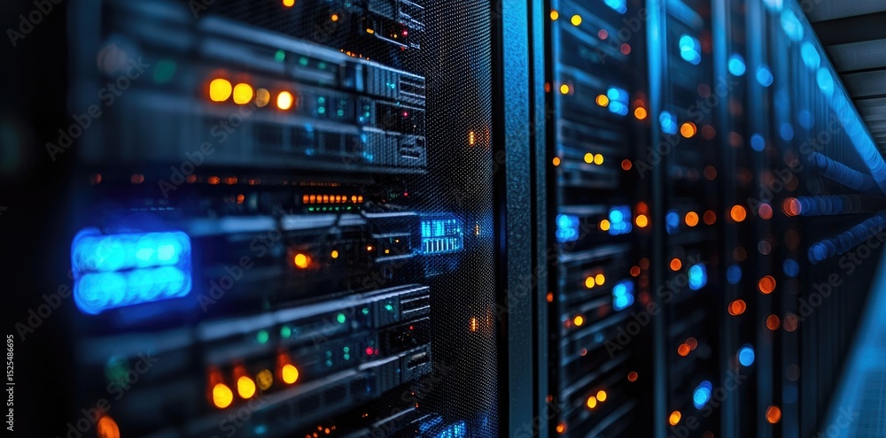 Aufkleber Close-up view of active server racks with blue and orange LED indicators in a high-tech data center, illustrating powerful digital infrastructure and secure network systems