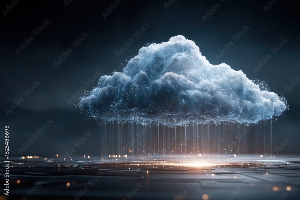 Poster digital visualization of a glowing cloud network over a modern platform