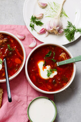 Ukrainian borscht with sour cream in bowls. top  view. .style hugge