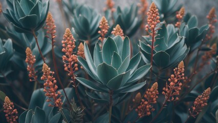 Fototapeta premium Succulent plants with pinkish-orange flowers. The plant has thick, fleshy leaves arranged in rosettes. Bright, vibrant natural foliage.