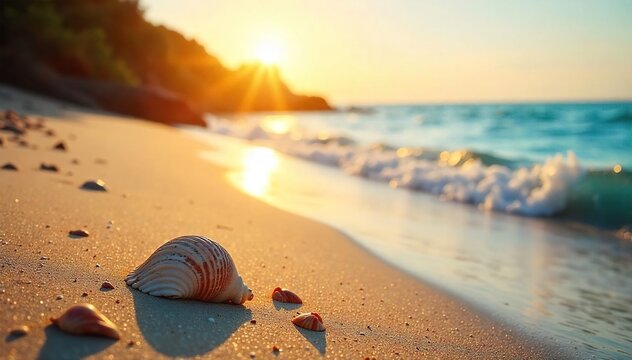 Golden hour sunlight bathes a sandy beach, calm ocean waves lapping gently at the shore, seashells scattered on the sand, a perfect summer day , serene, seascape, horizon