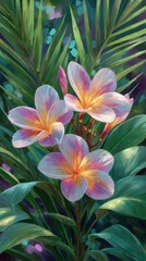 Fototapeta premium Vibrant Tropical Plumeria Flowers Lush Foliage Exotic Bloom High Resolution Image