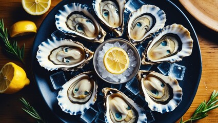 Fototapeta premium Fresh oysters on a plate with lemon slices and herbs. Seafood and cuisine, appetizer. The concept of fresh seafood and gourmet dining.