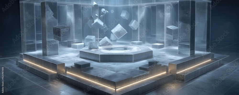 Poster futuristic wireframe chamber with floating cubes and illuminated platforms