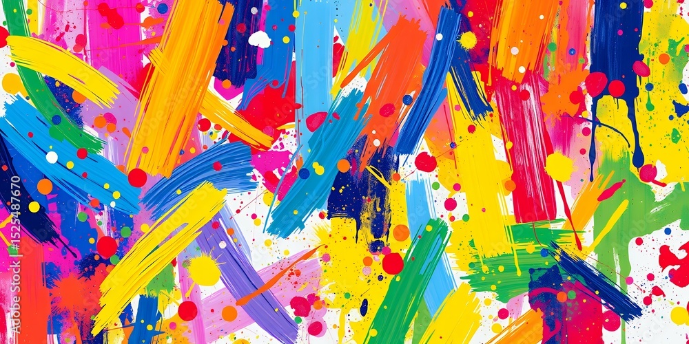 Poster an abstract painting featuring a vibrant array of colorful brush strokes and splatters artfully arra