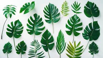 Assorted green tropical leaves arranged on white background. Various shapes and sizes. Nature, foliage, and botanical theme. Bright and fresh plant leaves.