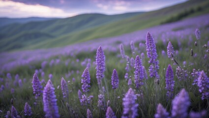 Obraz premium Lavender field with purple flowers in a rolling green landscape at sunset.