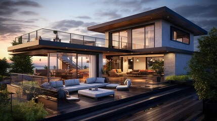 Fototapeta premium A photo of a modern house with a rooftop terrace