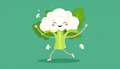 Happy Dancing Cauliflower Character on a Green Background 