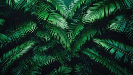 Lush green palm leaves close-up, tropical foliage, dense jungle canopy, vibrant natural greenery.