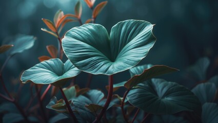 Lush green leaves with a heart-shaped structure, tropical plant, close-up view and rich foliage.