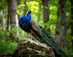Obraz premium Peacock on rock in forest