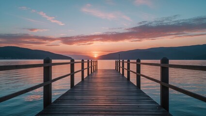 Obraz premium Sunset over calm water with a wooden pier extending into the distance, mountains in the background, and a colorful sky.