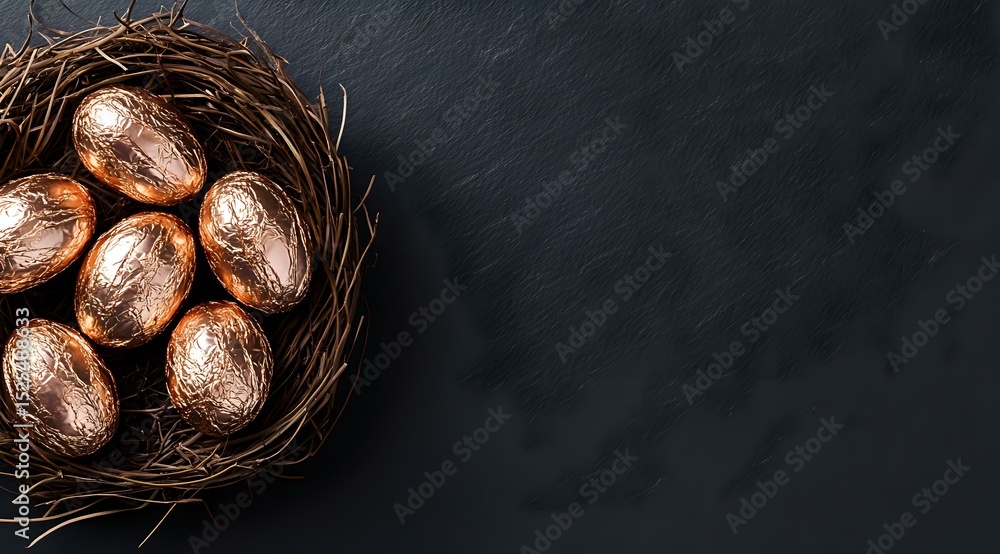 Poster rose gold metallic easter eggs arranged in rustic twig nest on dark slate background with copy space