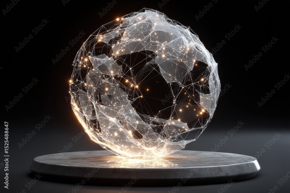 Poster glowing interconnected network sphere on a dark background representing connectivity