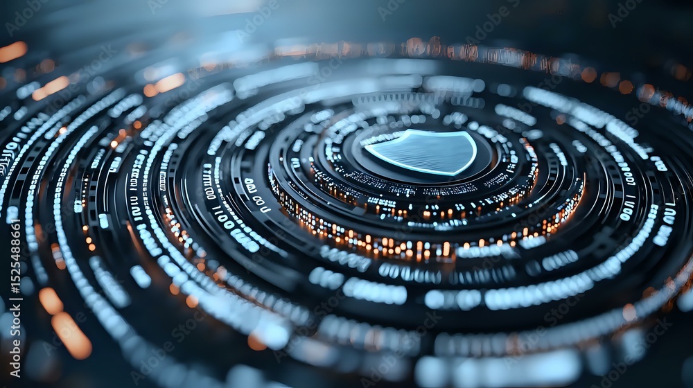 Poster futuristic circular interface with glowing heart symbol surrounded by digital data rings and orange 