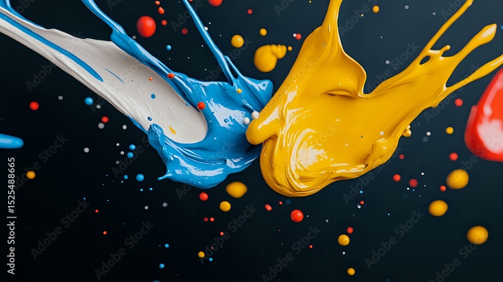 Poster dynamic splash of blue and yellow paint colliding in mid-air against dark background with colorful d