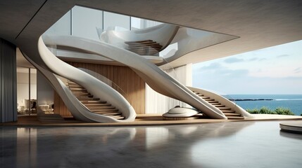 Fototapeta premium A photo of a modern house with a sculptural staircase