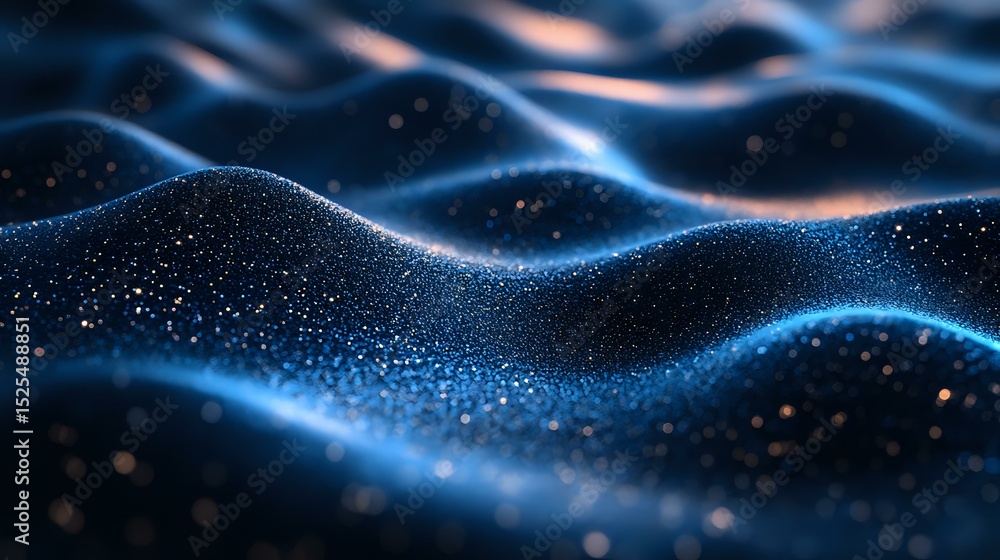 Poster glowing blue and orange particles form dynamic waves against dark background, creating futuristic ab