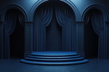 Elegant dark blue velvet stage with circular platform