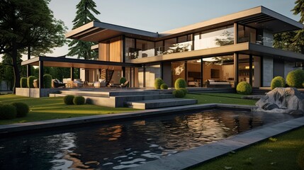 A photo of a modern house with a secluded backyard