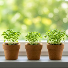 Fototapeta premium Three basil seedlings in terracotta pots on windowsill