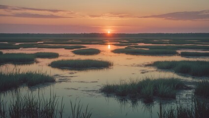 Fototapeta premium Sunset over marshland with water channels and grassy patches at dusk. Natural landscape scene. The tranquil environment and reflections on water.