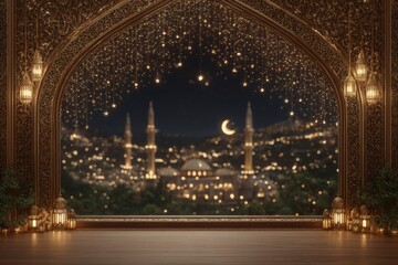 Obraz premium Eid al Adha Festive Background Islamic Lanterns Mosque Night Cityscape