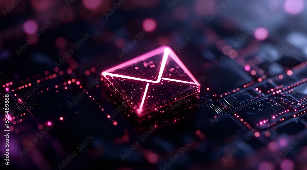 Poster glowing pink envelope icon on digital circuit board with bokeh light effects and dark background, re