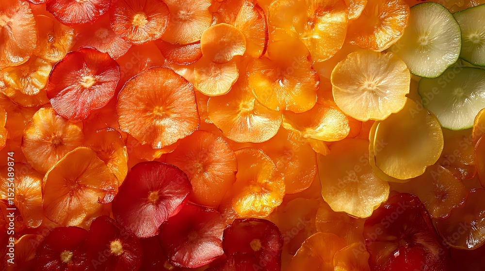 Poster vibrant backlit citrus slices creating abstract pattern with red, orange and yellow gradient colors,