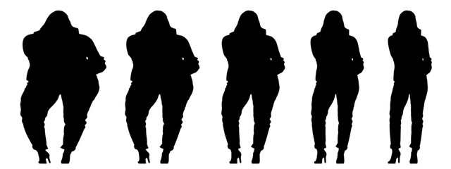 Conceptual fat overweight obese female vs slim fit healthy body after weight loss or diet on white background banner. A  fitness, nutrition or obesity, health shape illustration vector as silhouettes