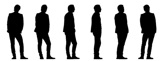 Vector concept conceptual black silhouette of a men standing, hands in pockets  from different perspectives isolated on white background. A metaphor for confidence, fashion, business and lifestyle